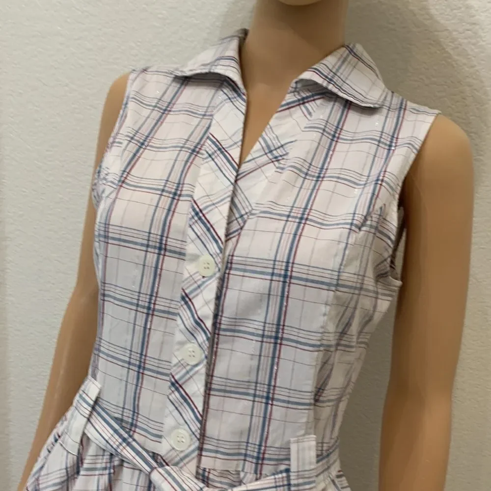 Ambiance Apparel Medium Fit & Flare Button Front Sleeveless Plaid Belted Dress - Picture 4 of 11